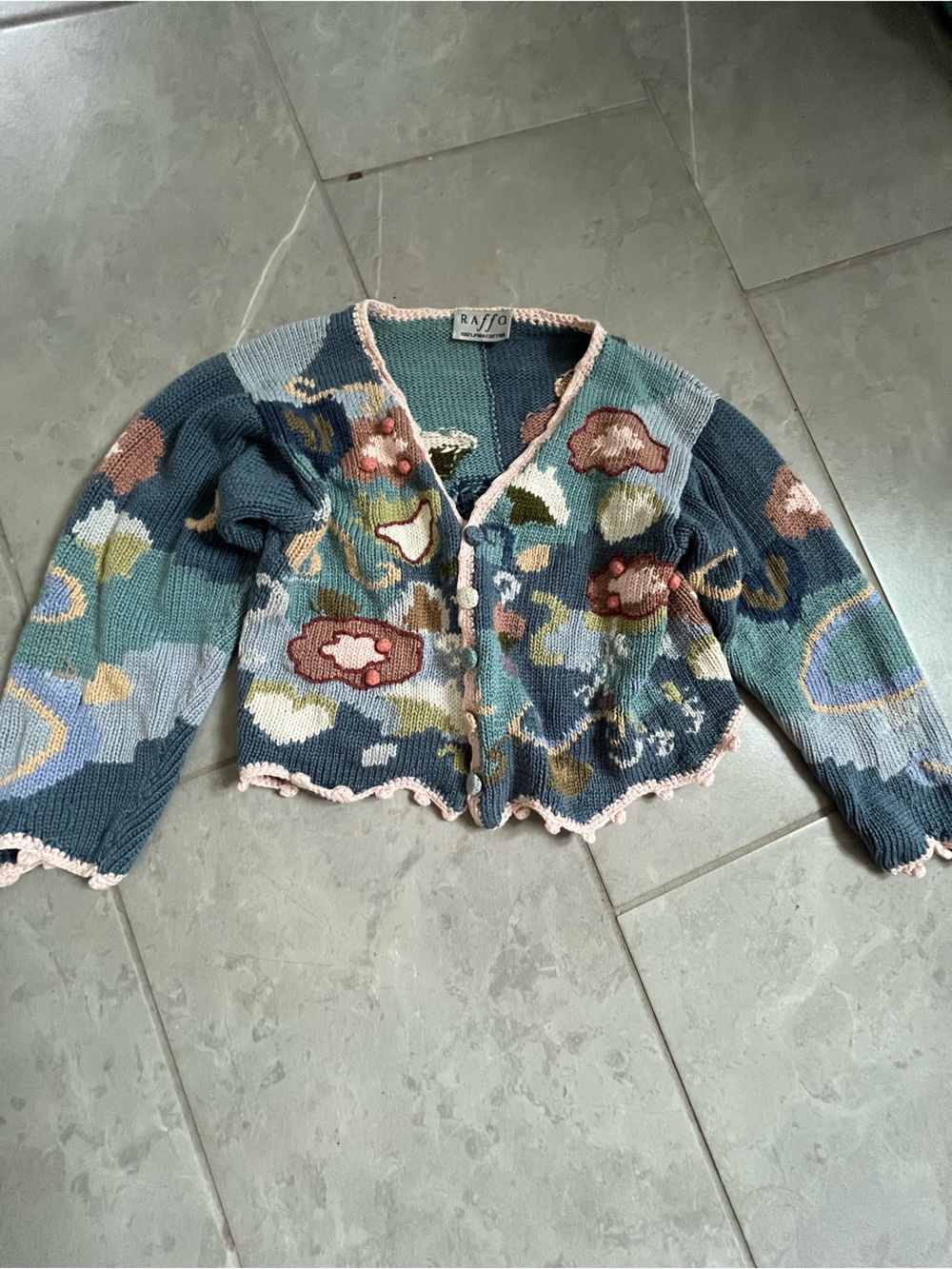 Peruvian Floral Knit Cardigan in Teal and Multi